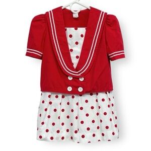 Bryan Vintage 90s Girls Two Piece Polka Dot Sailor Short Set Red White Size 10